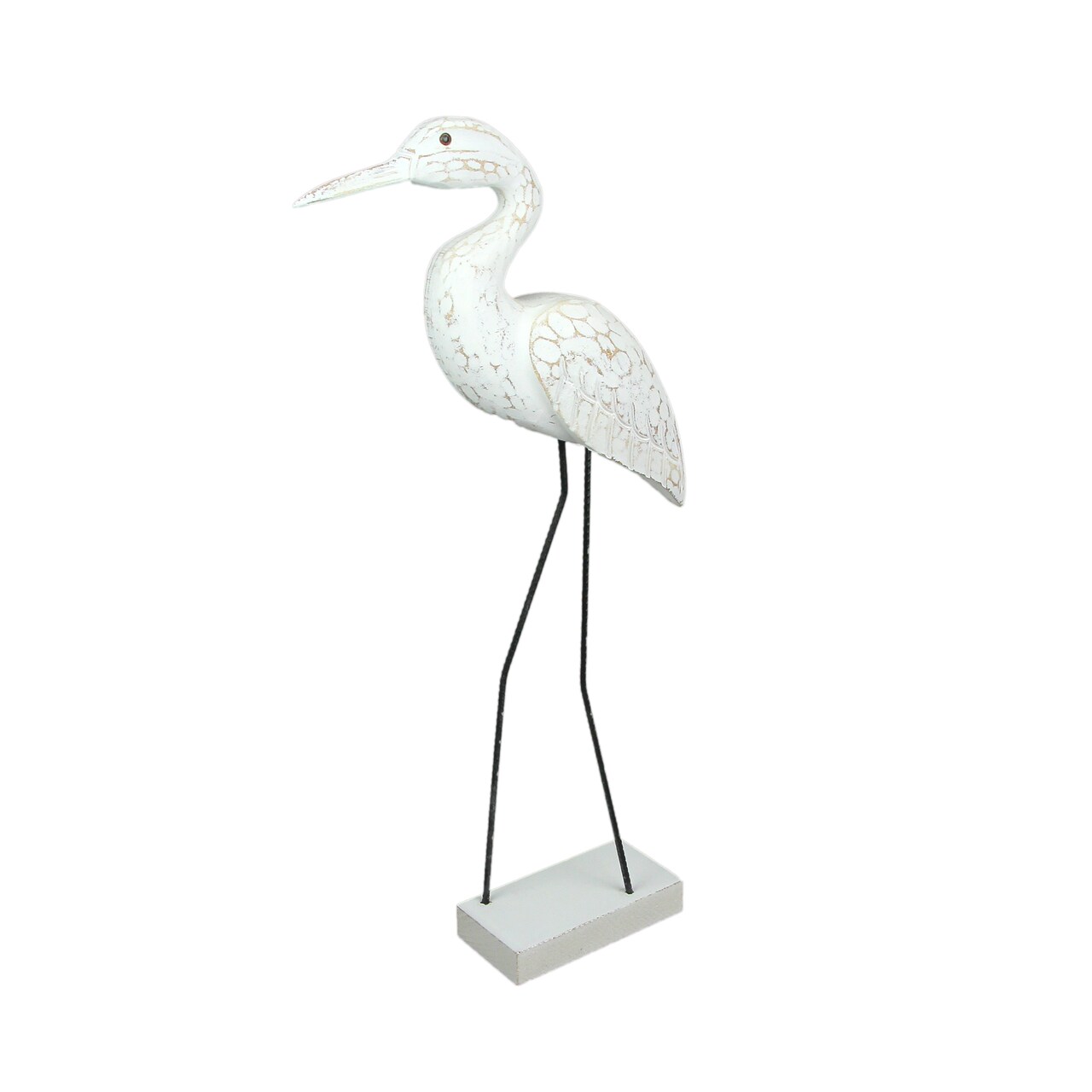 Hand Carved Wood and Metal White Egret Bird Statue 21 Inches High Coastal Decor